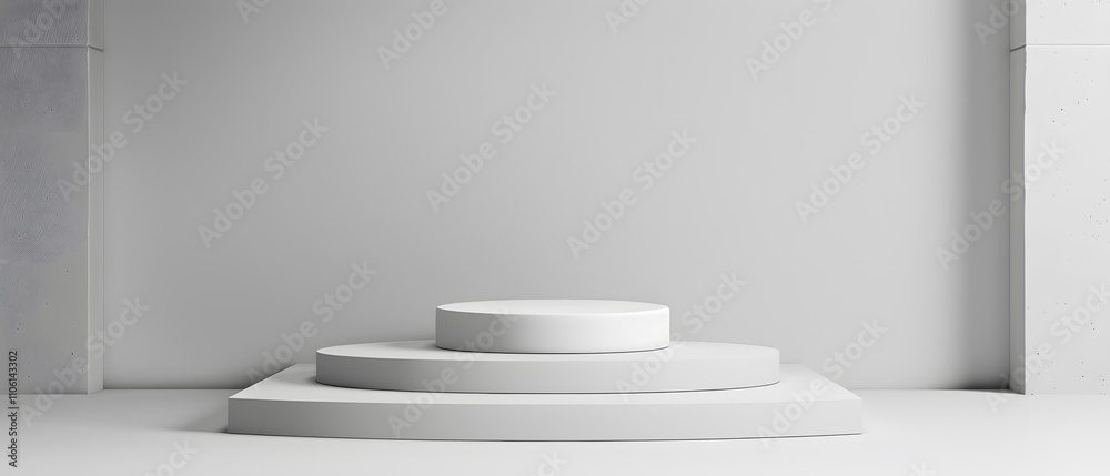 Poster minimalist display platform for product presentation in clean modern interior with soft lighting and