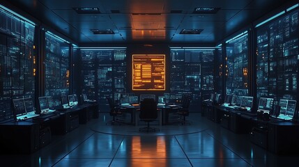 dark futuristic office with neon lights, server