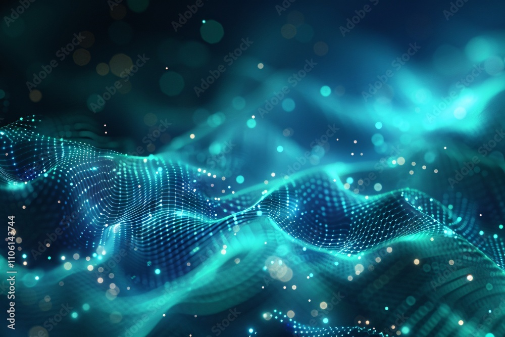 Poster a vibrant wave pattern illuminates the digital space with glowing particles floating throughout. the