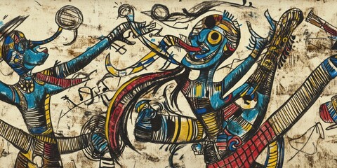 Fototapeta premium A vibrant depiction of figures engaged in a cultural celebration or ritual.