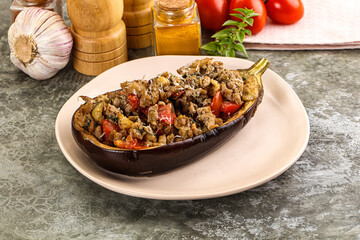 Baked eggplant stuffed meat and tomato