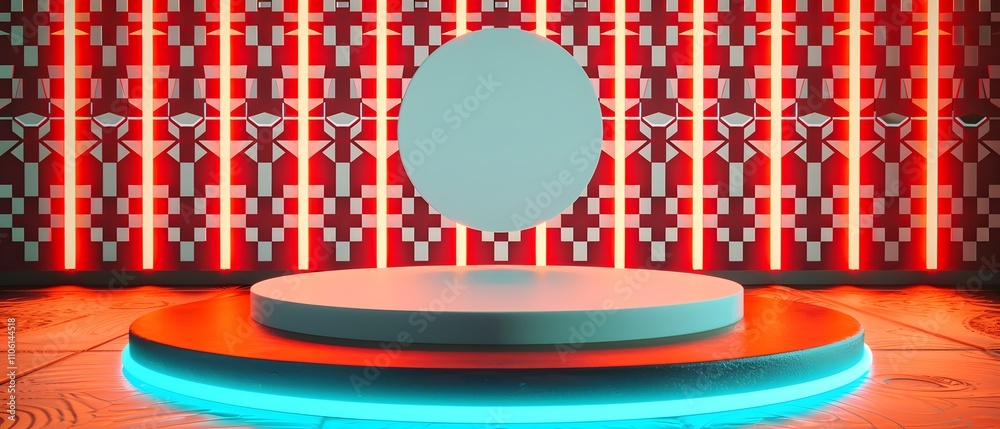 Aufkleber Futuristic Showcase Scene Featuring Floating Circular Object with Vibrant Red and Blue Colors in a Geometric Pattern Background for Creative Design Applications