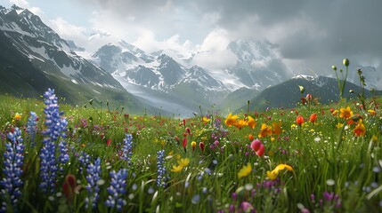 Alpine Meadow Filled with Colorful Wildflowers and Lush Greenery, Set Against a Backdrop of Snow-Capped Mountains and a Clear, Vibrant Sky