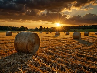 Golden hay bale field at sunset with rays stretching across the sky.