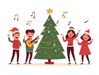 Fototapeta premium Joyful Christmas morning with friends singing and playing music around a decorated tree. Festive atmosphere and celebration