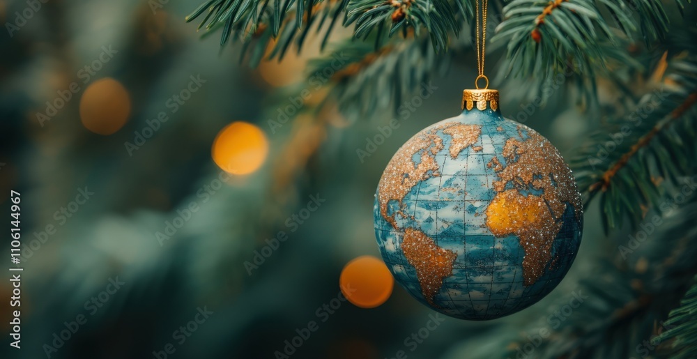 Wall mural Recycling during festive seasons promotes sustainability. A Christmas ornament shaped like a globe hanging on a pine leaf, showcasing festive decor and holiday spirit in a vibrant winter setting.