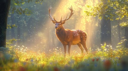 Fototapeta premium A red deer stands in a sunlit forest clearing, surrounded by greenery, mist, and swaying trees.