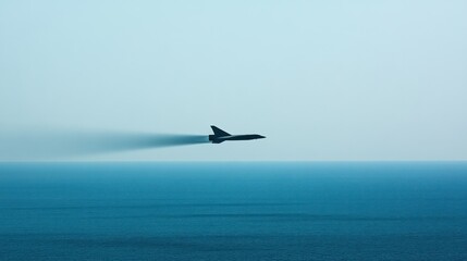 Naklejka premium Aircraft rapidly breaking the sound barrier, creating a visible shockwave in the sky, symbolizing the pursuit of speed and technological advancement.