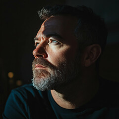 Obraz premium Portrait of an adult man with short hair and beard, looking to the side in deep thought he is illuminated by soft light from above