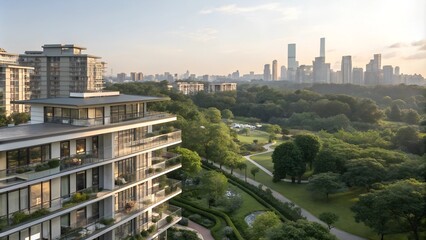Obraz premium Modern residential high-rises in the middle of a green residential area – sustainable architecture with parks and an urban panorama in the background
