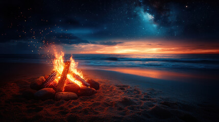 beach bonfire with glowing flames illuminates sandy shore under starry sky. vibrant sunset reflects on ocean waves, creating serene atmosphere