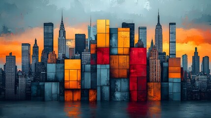 A vibrant abstract representation of a city skyline, featuring colorful blocks reminiscent of a Tetris game, set against a dramatic sunset sky with gray and orange hues.