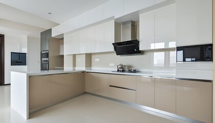 Modern simple kitchen design with high-end cabinets and built-in microwave