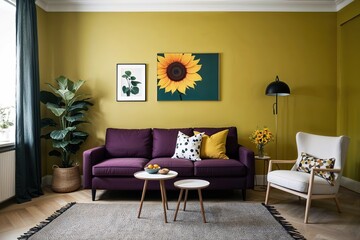 Modern Scandinavian Living Room with Plum Sofa and Chic Chair Next to a Sunflower-Yellow Wall