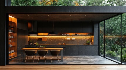 Modern kitchen with glass walls showcasing outdoor greenery in a serene environment