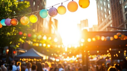 Obraz premium Colorful Lanterns Hanging Over Vibrant City Event During Sunset