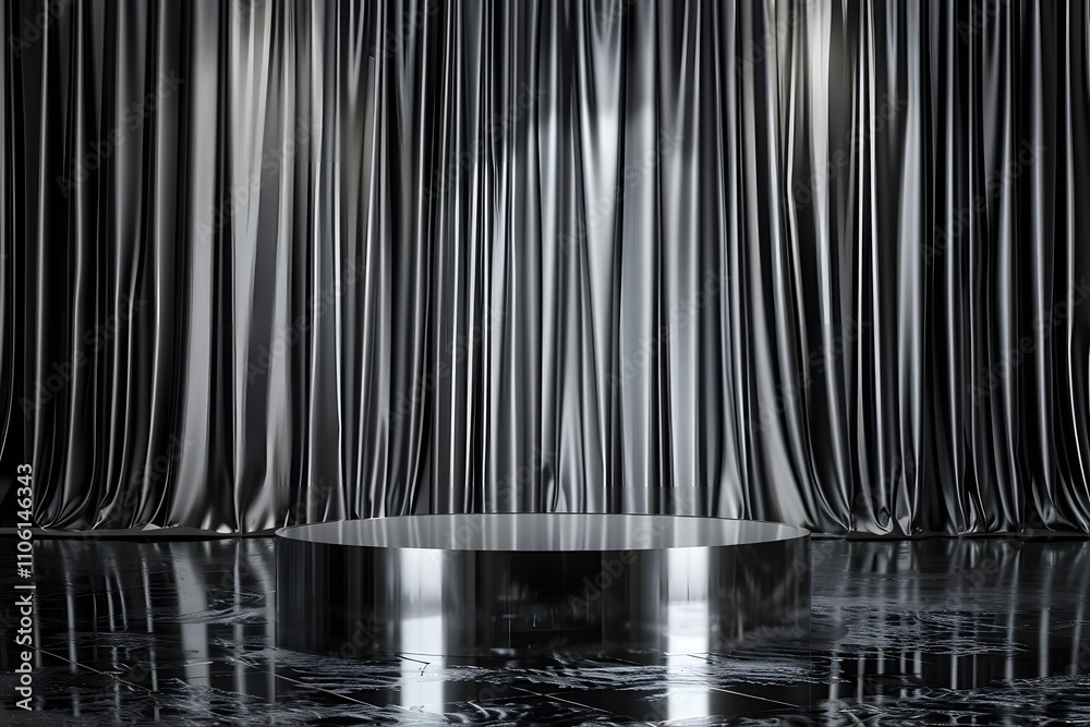 Poster elegant showcase with shiny circular platform surrounded by opulent metallic drapery and reflective 