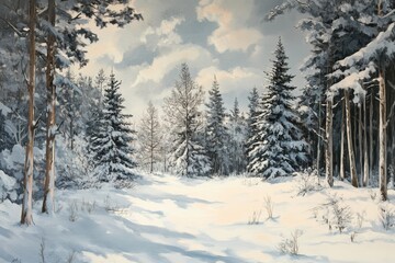 Fototapeta premium Serene forest scene showcasing majestic pines beneath a cloudy sky, with snow covering the ground, fostering a calm ambiance in nature