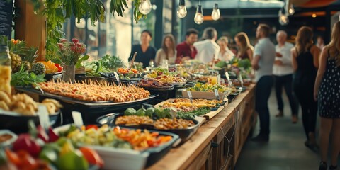 Fototapeta premium People group catering buffet food indoor in restaurant with meat colorful fruits and vegetables. world winning photo created by ai