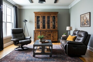 Chic Urban Living Room with Recliner, Industrial Coffee Table, and Wooden Hutch