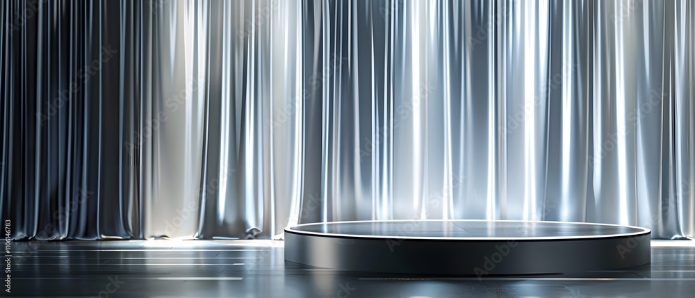 Poster elegant stage design with soft drapery and glossy platform for presentations, events, or performance