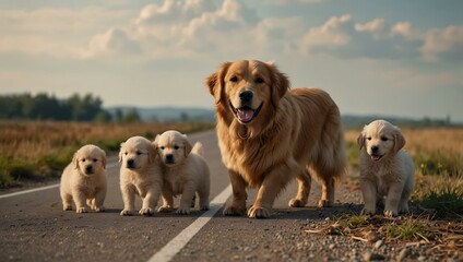 Golden retriever dog with newborn puppies on the road.