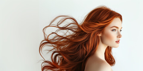 Naklejka premium beautiful woman with long, vibrant red hair flowing gracefully. Her striking features and radiant skin create captivating image that exudes confidence and elegance