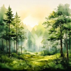 Obraz premium Serene watercolor forest landscape at sunrise, with soft mist and vibrant green trees