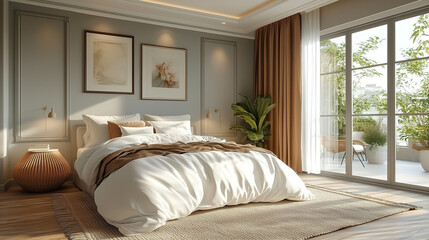 Cozy bedroom with natural light and elegant decor featuring a bed, plants, and outdoor view during the day. Generative AI