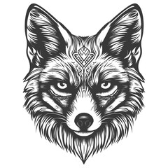 Black And White Illustration Of A Foxs Head With Detailed Fur And Tribal Tattoo