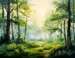 Obraz premium Serene watercolor forest landscape at sunrise, with soft mist and vibrant green trees