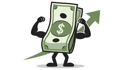 Strong Dollar Cartoon: Muscular Dollar Bill with Upward Growth Arrow Symbolizing Financial Strength and Economic Growth