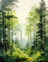 Fototapeta premium Serene watercolor forest landscape at sunrise, with soft mist and vibrant green trees