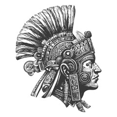 Obraz premium Black And White Illustration Of A Mayan Warriors Profile With Intricate Headwear
