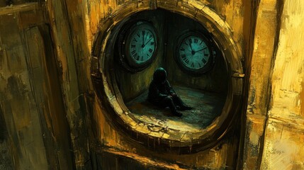 A solitary figure sits in a circular space with clocks, evoking themes of time and introspection.