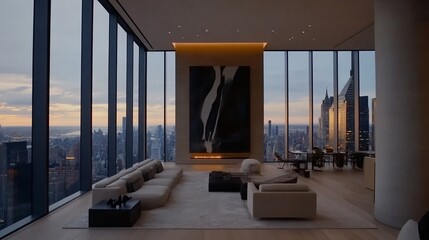 Modern penthouse living room with city views.