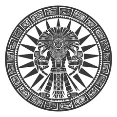 Black And White Illustration Of A Stylized Aztec Deity Within A Circular Frame