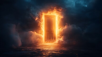 Mysterious fiery gateway framed by swirling storm clouds,渦巻く嵐の雲に囲まれた神秘的な炎のゲート.Generative AI