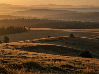 Fototapeta premium Golden sunset from Orlické Mountains with a Czech landscape.