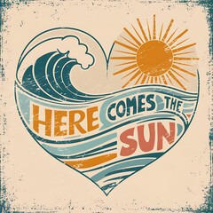 Here comes the sun hand drawn lettering template Beach vibes artwork. Summer design for t shirt print, sticker, background and other uses. Retro style illustration