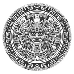 Black And White Illustration Of An Aztec Calendar Stone With A Ferocious Face At Its Center