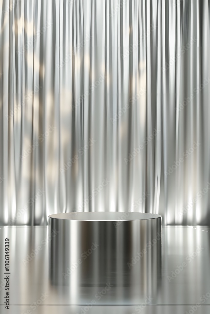 Poster Modern Metallic Display Stage with Shiny Silver Curtains and Subtle Lighting Effects for Product Showcases and Event Presentations