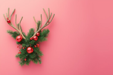 A creative concept featuring a Christmas reindeer made from evergreen fir branches. Set against a...