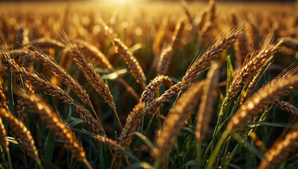 Golden wheat field close-up under the sunlight.