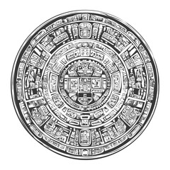 Black And White Illustration Of The Aztec Calendar Stone