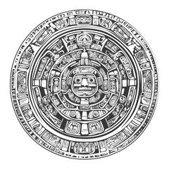 Obraz premium Black And White Illustration Of The Aztec Calendar Stone