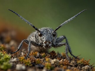 Fototapeta premium Golden-bloomed grey longhorn beetle with magnificent antennae.