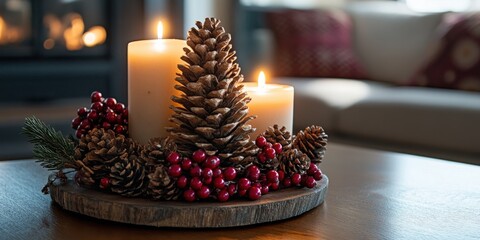 Pinecone and berry-adorned candle centerpiece on a coffee table, creating a warm and inviting atmosphere for holiday gatherings