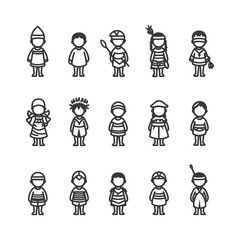 Line Art Illustrations Of Children In Various Cultural Clothing