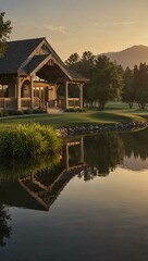 Obraz premium Golf clubhouse by a serene lake at sunset.
